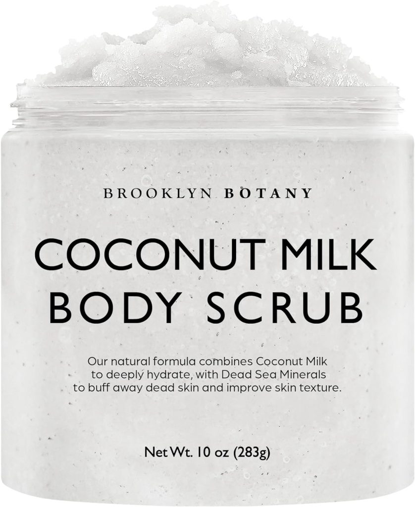 Brooklyn Botany Dead Sea Salt and Coconut Milk Body Scrub - Moisturizing and Exfoliating Body, Face, Hand, Foot Scrub - Fights Stretch Marks, Fine Lines, Wrinkles - Great Gifts for Women & Men - 10 oz