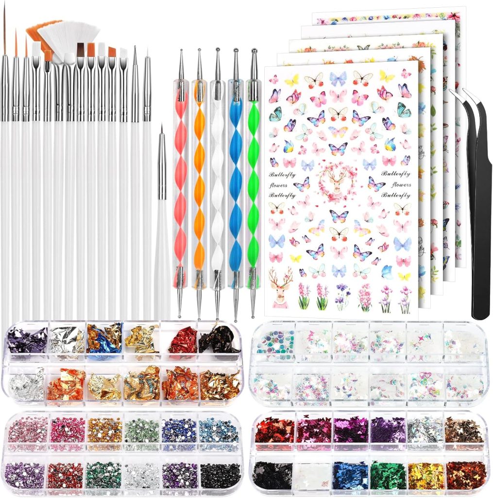 FANDAMEI Nail Tools, Nail Art Brushes Set, Nail Art Dotting Tools, Nail Stickers, Butterfly Nail Art Sequins, Nail Foils, Nail Art Flakes Iridescent, Rhinestones For Nails Design, Nail Art Kits
