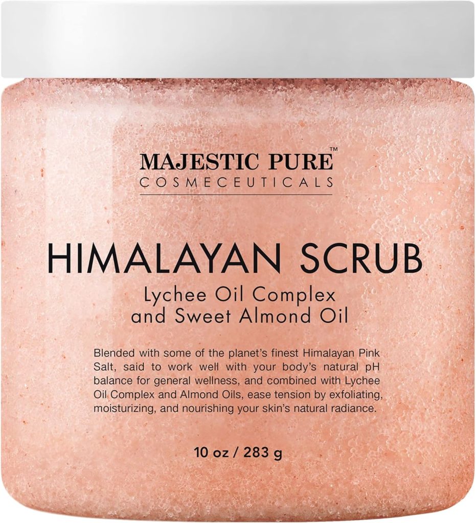 MAJESTIC PURE Himalayan Pink Salt Body Scrub with Lychee Oil and Sweet Almond Oil | Exfoliating Body Scrub for Skin Care, Stretch Marks, Acne, Cellulite | Body Scrub Exfoliator |10 oz