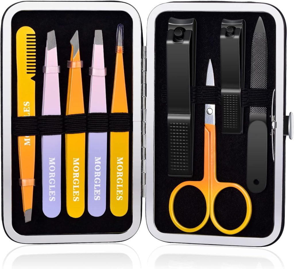 MORGLES Tweezers Set, Professional Nail Clippers and Tweezer Kit for Women and Men with Leather Travel Case, 9 Pack