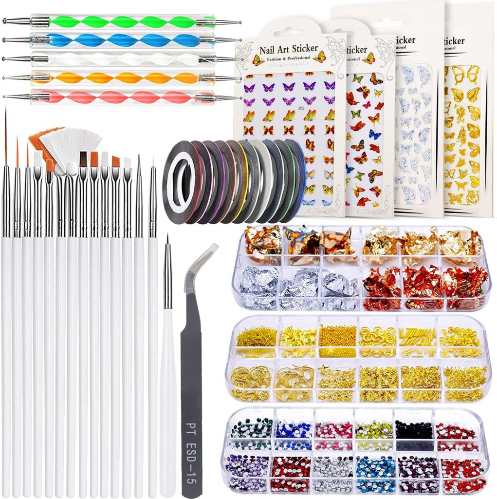 Nail Brushes for Nail Art, Nail Art Kit for Beginners with Nail Art Brushes Dotting Tools Holographic Nail Art Stickers Nail Foil Tape Strips and Nails Art Rhinestones and Pick-Up Tweezers