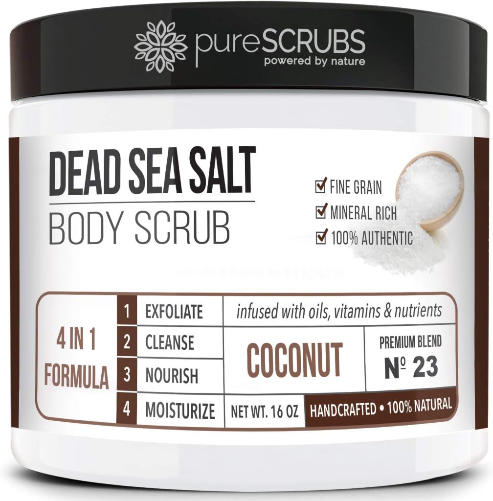 pureSCRUBS Premium Organic Body Scrub Set - INCLUDES spoon, loofah & soap - Large 16oz COCONUT BODY SCRUB Dead Sea Salt Infused Organic Essential Oils & Nutrients