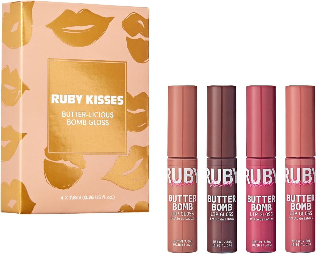 Ruby Kisses Lip Gloss Butter Bomb Gloss Non-Sticky Lip Gloss Vitamin E Natural Nude Lip Makeup - 7.8mL (0.26 US fl.oz) (Nude, Tantalize, Blushing, Sublime)