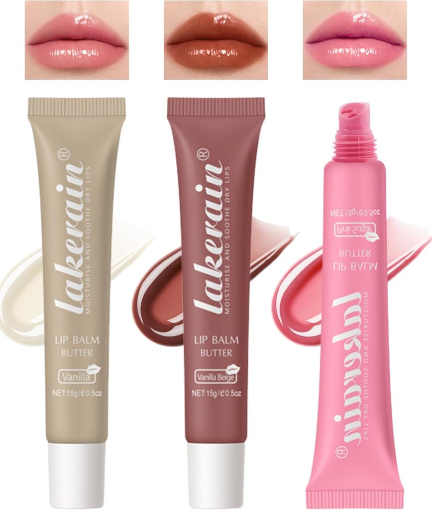 Tinted Lip Butter Balm-3 Colors Vanilla Beige Brown Pink Sugar Glossier Lip Gloss,Clear Jelly Yummy Tint Lip Stain Balm,Long Lasting Hydrating Non-Sticky Glow Reviver Fat Lip Care Oil for Women-Set A